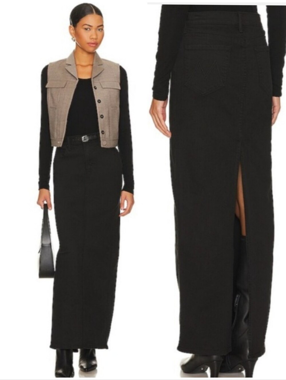 MOTHER The Flagpole Denim Maxi Skirt in Pitch Black